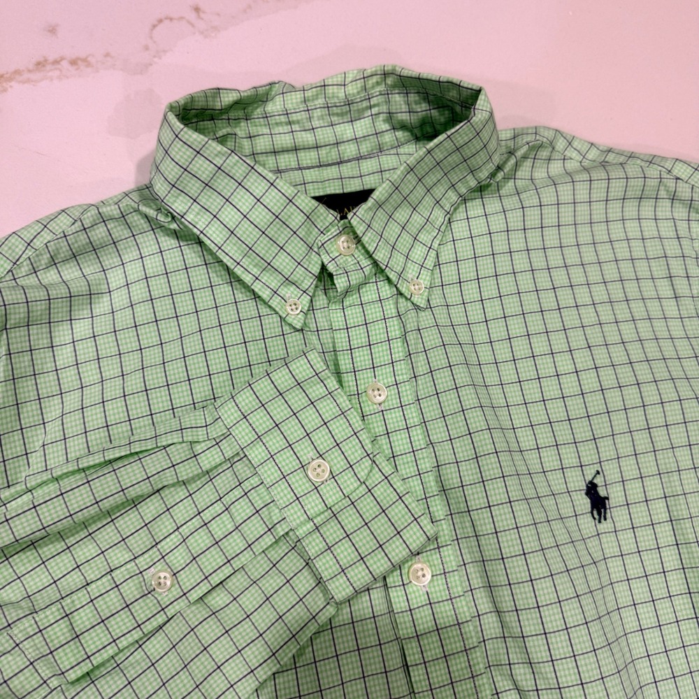Ralph Lauren Button Down Shirt‎ Mens L Green Check Plaid Long Sleeve Pony Logo